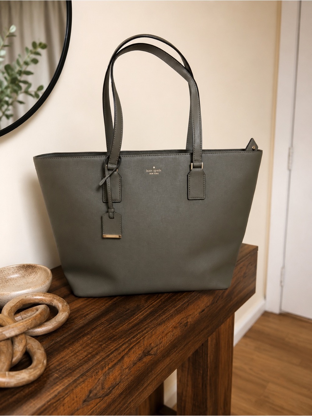 kate spade olive green Saffiano leather tote